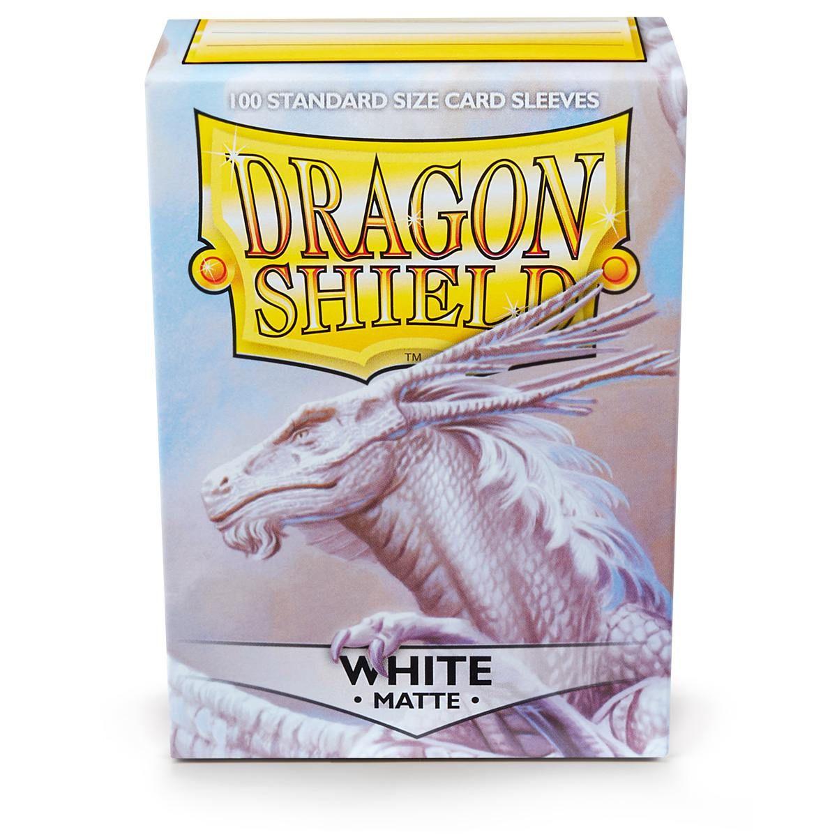 Image of Dragon Shield: Standard 100ct Sleeves - White (Matte) by Arcane Tinmen. The package features a white dragon with detailed scales and wings on a light blue background. 