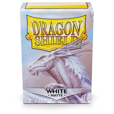 Image of Dragon Shield: Standard 100ct Sleeves - White (Matte) by Arcane Tinmen. The package features a white dragon with detailed scales and wings on a light blue background. "Dragon Shield" is prominently displayed in bold yellow above, with the sleeve details elegantly below.