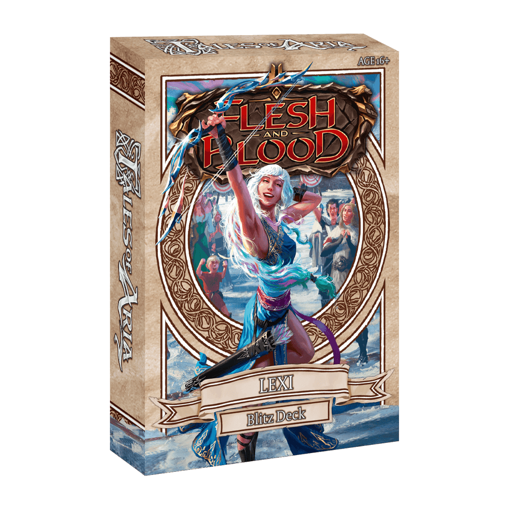 The box art for Flesh And Blood's Tales of Aria - Blitz Deck (Lexi) features a prominently displayed character with long white hair, dressed in purple and blue attire, aiming a bow. The dynamic background includes other characters, while the logo and game name are prominently displayed at the top.