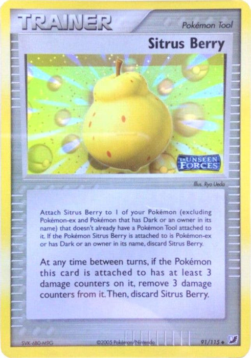 A Pokémon trading card titled **Sitrus Berry (91/115) (Stamped) [EX: Unseen Forces]** from the **Pokémon** brand. This Uncommon Item card features a pear-like yellow fruit with small green spots. When attached to a Pokémon with 3 or more damage counters, it removes 3 damage counters and is then discarded. Card number is 91/115.