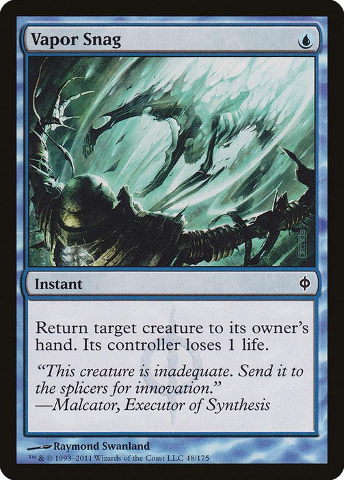 Magic: The Gathering card titled "Vapor Snag [New Phyrexia]." Art from New Phyrexia depicts a soldier being attacked by a spectral creature in water. Blue border with a drop symbol on the top right corner. Text box says: "Instant — Return target creature to its owner’s hand. Its controller loses 1 life." Art by Raymond Swanland.