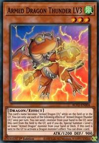 Image of an "Armed Dragon Thunder LV3 [BLVO-EN004] Super Rare" Effect Monster Yu-Gi-Oh! trading card from the Blazing Vortex set. The card showcases a yellow, armored dragon with wings, red claws, and green eyes, standing in a powerful stance. With 1200 ATK and 900 DEF points, the dragon is outlined in a bright aura.