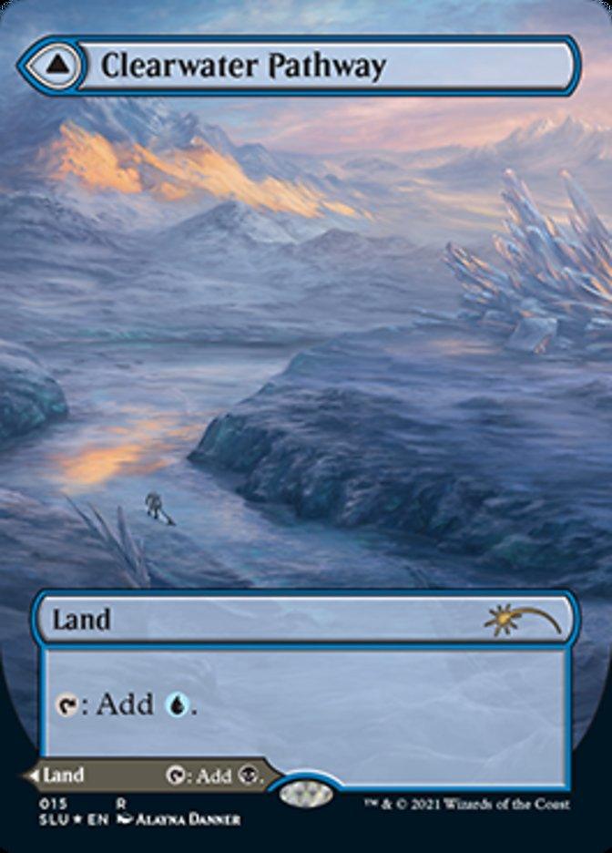 The Magic: The Gathering card Clearwater Pathway // Murkwater Pathway (Borderless) [Secret Lair: Ultimate Edition 2] showcases a rare land with a tranquil, icy landscape and a winding river. Snowy hills and jagged ice formations fill the background. This dual-sided card features symbols for both blue mana (water droplet) and white mana (sun).