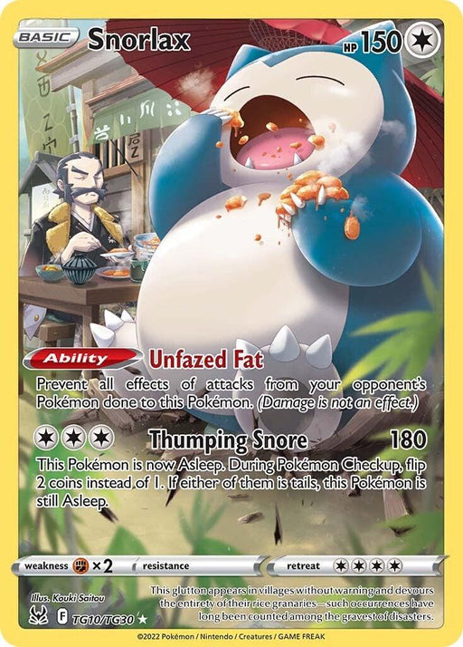 A Secret Rare Pokémon card for Snorlax (TG10/TG30) [Sword & Shield: Lost Origin] with 150 HP from the Sword & Shield: Lost Origin set. It shows Snorlax eating with a character next to it. Its "Unfazed Fat" ability prevents effects of opponent attacks, and its "Thumping Snore" requires three Colorless energies, dealing 180 damage and putting Snorlax to sleep. Card illustration by Kou