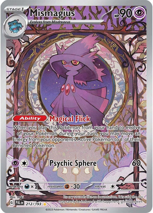 A Pokémon trading card featuring Mismagius (212/193) [Scarlet & Violet: Paldea Evolved] from the Pokémon series. This Illustration Rare card showcases Mismagius, a ghostly Pokémon, against a swirling purple and pink background. The card displays 90 HP, the ability "Magical Flick," and the attack "Psychic Sphere" with a 60 damage value.