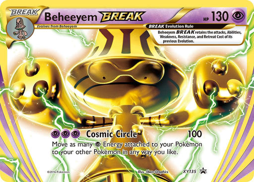 This image depicts the Beheeyem BREAK (XY135) [XY: Black Star Promos] Pokémon card, part of the Black Star Promos. It features the golden, robotic alien-like Psychic Pokémon Beheeyem with glowing yellow and green energy surrounding it. The card has 130 HP and includes the move "Cosmic Circle." The design is vibrant with lightning effects and intricate borders.