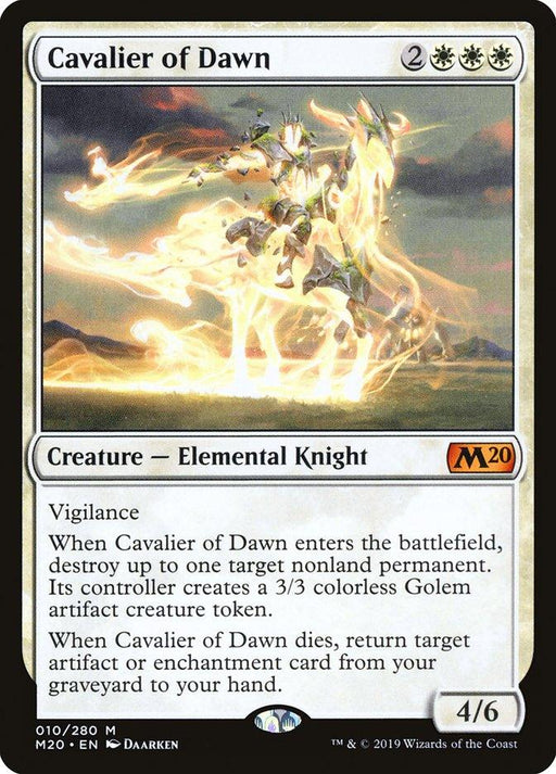 Magic: The Gathering product named "Cavalier of Dawn [Core Set 2020]" costs 2 white, 3 colorless mana, has 4 power and 6 toughness. It depicts an Elemental Knight riding a glowing, ethereal steed. The text describes its vigilance ability, battlefield effects, and graveyard return ability.