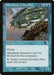 The image showcases a Magic: The Gathering card named "Metathran Transport [Invasion]." It's a blue card costing 1 blue and 2 colorless mana, featuring an illustration of a flying ship. With 1 power and 3 toughness, its abilities include flying and turning target creatures blue until end of turn.
