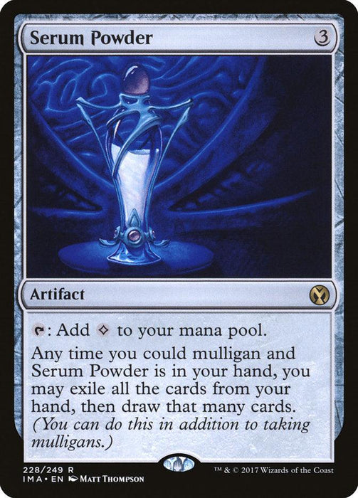 A Magic: The Gathering product named Serum Powder [Iconic Masters] features an artifact with a casting cost of 3 mana, which can add colorless mana to your pool. If held during a mulligan, it allows exiling cards to redraw your hand. The card art showcases an ornate, glowing blue vial.