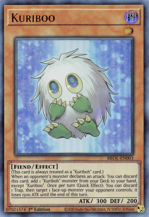 A Yu-Gi-Oh! card from the Brothers of Legend series features Kuriboo [BROL-EN003] Ultra Rare, depicted as a small, furry creature with large round blue eyes, green gloves, and green shoes. This Effect Monster is labeled as a "Fiend / Effect" type with 300 ATK and 200 DEF. Descriptive text and card details are included at the bottom.