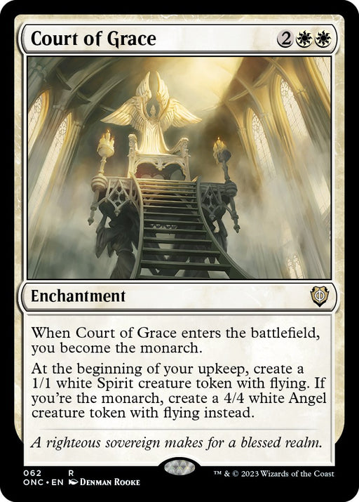 The image shows a "Magic: The Gathering" card titled "Court of Grace [Phyrexia: All Will Be One Commander]," an Enchantment from the Phyrexia: All Will Be One Commander series. The artwork depicts an ethereal throne room with a majestic angel statue and an ornate staircase. The card text describes becoming the monarch and creating Spirit or Angel tokens.