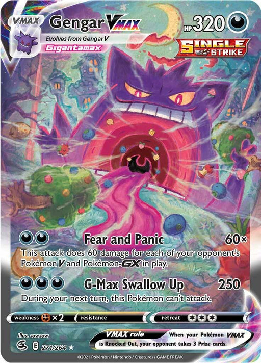 A Pokémon card features Gengar VMAX, a large, ghostly Pokémon with a menacing grin and glowing eyes, amidst a swirling, colorful vortex. This Secret Rare card from the Sword & Shield - Fusion Strike set displays its HP (320) and abilities: Fear and Panic and G-Max Swallow Up. The card also shows it evolves from Gengar V. The product name is **Gengar VMAX (271/264) [Sword & Shield: Fusion Strike]** by **Pokémon**.