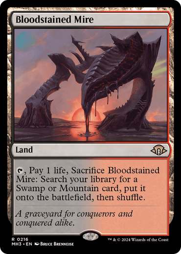 A Magic: The Gathering card named Bloodstained Mire [Modern Horizons 3] from the Magic: The Gathering set. This land card lets you pay 1 life and sacrifice it to search your library for a Swamp or Mountain, put it on the battlefield, then shuffle. The artwork depicts a desolate, arch-like landscape bathed in red light.