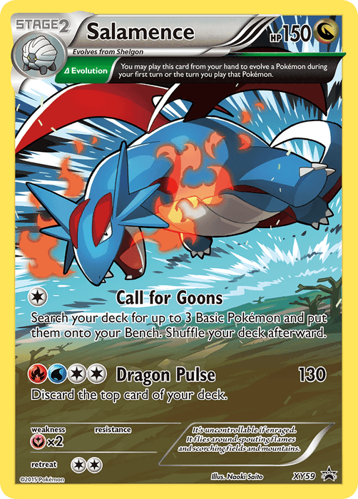 A Pokémon trading card featuring Salamence, a blue dragon-like creature with large wings. The card has 150 HP and contains two attacks: "Call for Goons" and "Dragon Pulse." Salamence appears in an action pose with vibrant background art. The card is part of the XY: Black Star Promos series from 2013. The product name is Salamence (XY59) [XY: Black Star Promos] from the brand Pokémon.