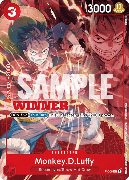 A promo trading card featuring Monkey D. Luffy from the Supernovas/Straw Hat Crew, boasting a power of 3000 and a counter of +2000. With a red border and "WINNER" in bold letters, it showcases "SUPER COUNTER 2000" below. Luffy is depicted in a dynamic pose with intense expressions, perfect for One Piece Promotion Cards fans. This is the Monkey.D.Luffy (P-006) (Winner Pack Vol. 1) [One Piece Promotion Cards] by Bandai.
