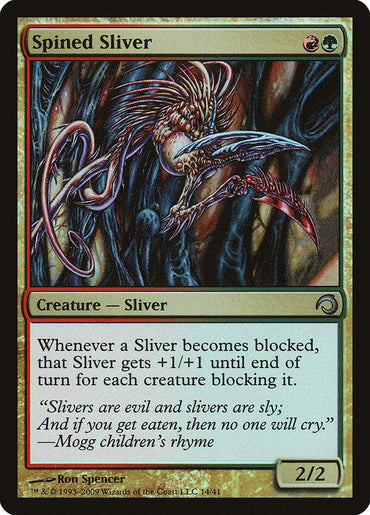 The Spined Sliver card from Magic: The Gathering's Premium Deck Series: Slivers features a spiny, sinewy creature. It has a green-red border and sliver ability text, enriched with rhyming flavor text. Illustration by Ron Spencer.