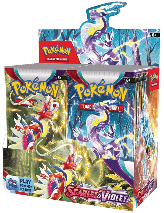 A display box of Pokémon Scarlet & Violet: Base Set - Booster Box labeled "Scarlet & Violet." The box showcases vibrant artwork of two Pokémon, one with red and white armor, another with purple and silver armor. Featuring a Base Set design, the display includes an image of a pack near the bottom and suggests playing Pokémon TCG Live.