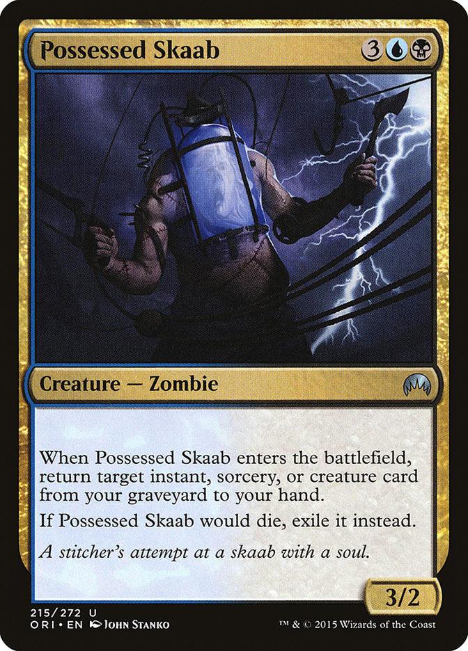 Possessed Skaab from Magic: The Gathering's *Magic Origins* is a Zombie Creature card depicted in tattered clothes. This black and blue card has the ability to return an instant, sorcery, or creature card from your graveyard to your hand and boasts a power/toughness of 3/2.