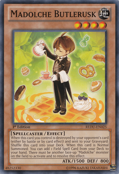 A Yu-Gi-Oh! card titled "Madolche Butlerusk [REDU-EN025] Common" depicts a refined butler standing on waffles, holding a tray with tea and pouring tea from a teapot. The background features sweets like cake and macarons. Featured in Return of the Duelist, this Spellcaster/Effect Monster has 1500 ATK and 800 DEF.