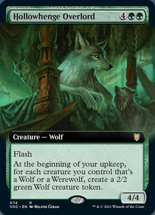 A Magic: The Gathering card titled "Hollowhenge Overlord (Extended Art) [Innistrad: Crimson Vow Commander]" from Magic: The Gathering. This rare Creature — Wolf showcases a wolf in a dimly-lit forest. It costs 4 generic mana and 2 green mana, has stats of 4/4, and reads: "Flash. At the beginning of your upkeep, for each creature you control that's a