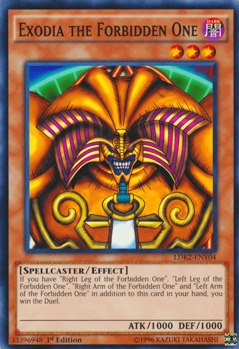 Yu-Gi-Oh! trading card titled "Exodia the Forbidden One [LDK2-ENY04] Common," an iconic Effect Monster from Yu-Gi-Oh! Legendary Decks II. The card features a golden, armored, segmented creature with orange eyes and a large headpiece. A text box at the bottom displays spellcaster/effect details, stats (ATK: 1000, DEF: 1000), and card number LDK2-ENY04.