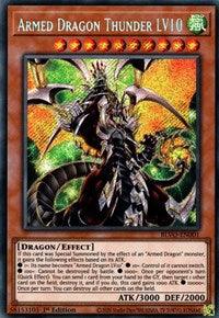The image is of a Yu-Gi-Oh! trading card titled "Armed Dragon Thunder LV10 [BLVO-EN001] Secret Rare" from the Blazing Vortex set. It features powerful dragon artwork amidst a vibrant, fiery explosion. This Effect Monster boasts an ATK of 3000 and DEF of 2000, with detailed effect text describing its abilities.