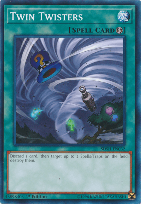 A Yu-Gi-Oh! Quick Play Spell Card titled "Twin Twisters [SDSH-EN032] Common" from the Shaddoll Showdown set. The image depicts a powerful tornado with debris swirling inside, including a magician's hat and a bottle. The card description reads: "Discard 1 card, then target up to 2 Spells/Traps on the field; destroy them." Card code: SDSH