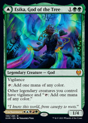 A Magic: The Gathering card depicting Esika, God of the Tree // The Prismatic Bridge [Kaldheim]. Esika is surrounded by vibrant, swirling colors. The card has a green frame and text box with details about its abilities and stats. It is a Mythic Legendary Creature - God with vigilance and mana abilities. The artist is Johannes Voss.