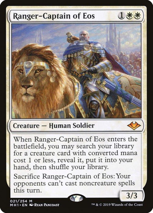 A Magic: The Gathering product titled "Ranger-Captain of Eos [Modern Horizons]" from Magic: The Gathering. This mythic Human Soldier Ranger costs one white mana and two generic mana to cast. With 3 power and 3 toughness, the card's artwork depicts a human soldier accompanied by a lion and includes two abilities in the text box.