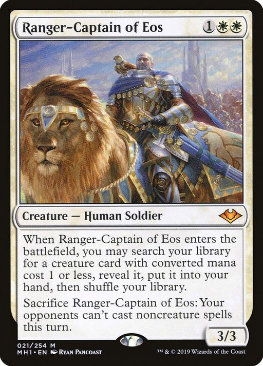A Magic: The Gathering product titled "Ranger-Captain of Eos [Modern Horizons]" from Magic: The Gathering. This mythic Human Soldier Ranger costs one white mana and two generic mana to cast. With 3 power and 3 toughness, the card's artwork depicts a human soldier accompanied by a lion and includes two abilities in the text box.