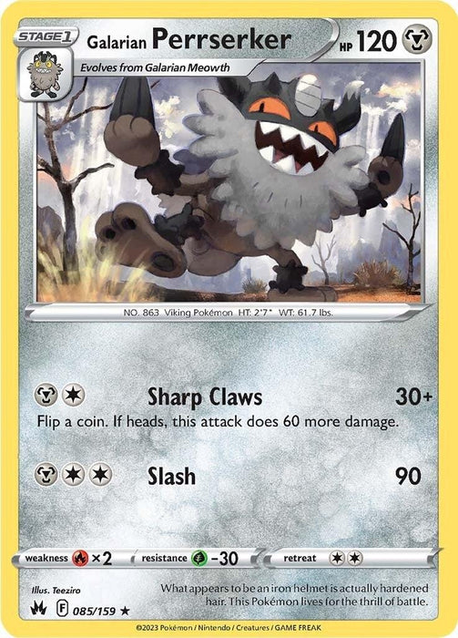 A Pokémon Galarian Perrserker (085/159) [Sword & Shield: Crown Zenith] from the Sword & Shield series featuring Galarian Perrserker, a white and gray feline with an orange-tipped beard and fierce expression. This Metal-type Stage 1 card boasts 120 HP and details its moves: Sharp Claws and Slash. It evolves from Galarian Meowth, depicted in a foggy, forested background.