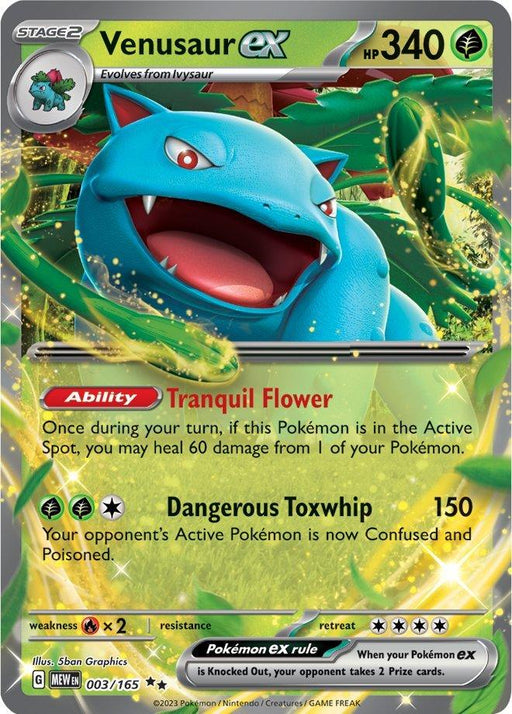 A *Venusaur ex (003/165) [Scarlet & Violet: 151]* Pokémon card from the Scarlet & Violet 151 series featuring a blue, dinosaur-like creature with a large pink flower on its back surrounded by green foliage. This Grass Type card has 340 HP and includes the "Tranquil Flower" ability and the "Dangerous Toxwhip" attack, dealing 150 damage while causing confusion and poisoning.