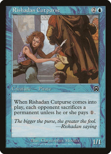 The image features a Magic: The Gathering card named "Rishadan Cutpurse" [Mercadian Masques], depicting a sly Human Pirate pickpocketing. It has a casting cost of 2 colorless and 1 blue mana, and a power/toughness of 1/1.