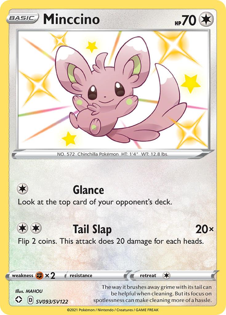 A Pokémon trading card featuring Minccino (SV093/SV122) [Sword & Shield: Shining Fates] from Pokémon. Minccino, a small, pink, chinchilla-like creature, is sitting with its bushy tail curved around it. The card includes 70 HP and two moves: 