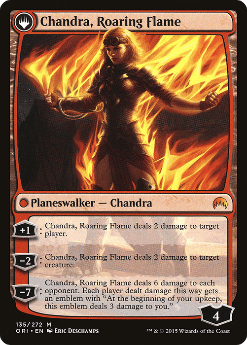 A "Magic: The Gathering" card featuring Chandra, Fire of Kaladesh // Chandra, Roaring Flame [Secret Lair: From Cute to Brute]. This mythic character is depicted as a powerful female planeswalker enveloped in flames, wearing goggles, armor, and gloves. The card details her abilities with flame-themed artwork dominating the background; truly the Fire of Kaladesh.