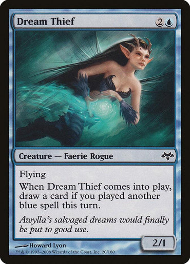 The "Dream Thief [Eventide]" Magic: The Gathering card features whimsical artwork depicting a Faerie Rogue with blue wings, long hair, and glowing eyes. This 2/1 creature with flying costs 2 generic mana and 1 blue mana, and allows you to draw a card if another blue spell was played this turn.