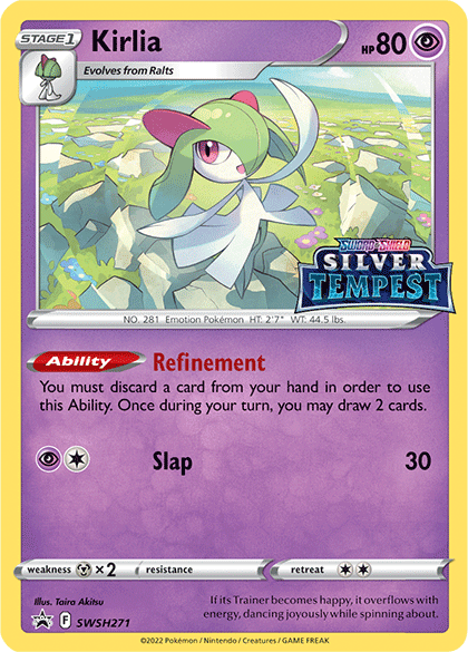 Pokémon card featuring Kirlia (SWSH271) (Prerelease) [Sword & Shield: Black Star Promos], a Stage 1 Psychic-type Pokémon with 80 HP. Kirlia is depicted in a dynamic pose with a pink body and green head. As part of the Black Star Promos from the Sword & Shield series, the card highlights its Ability "Refinement" and the attack "Slap" which does 30 damage.