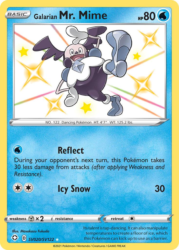 This Pokémon card from the Shining Fates collection features an Ultra Rare Galarian Mr. Mime (SV020/SV122) by the brand Pokémon. The card primarily showcases blue tones, accentuated by yellow borders, and illustrates Mr. Mime dancing among stars with a Water type theme. It boasts HP 80 and some weaknesses, with moves like 