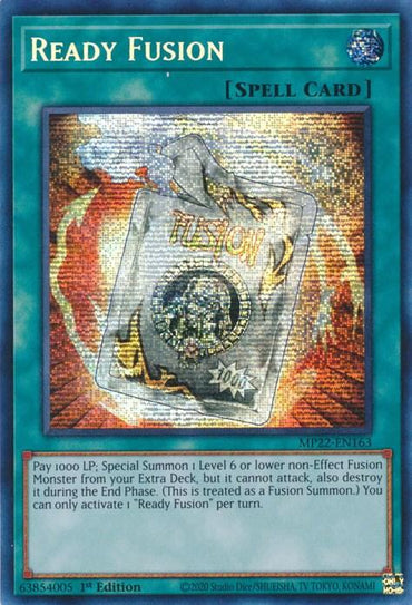 The image shows a Yu-Gi-Oh! trading card named Ready Fusion [MP22-EN163] Prismatic Secret Rare from the 2022 Tin of the Pharaoh's Gods. This Spell Card allows the player to special summon one Level 6 or lower non-Effect Fusion Monster by paying 1000 LP. The card has a teal border and features an image of a glowing, transparent fusion card with bolts of