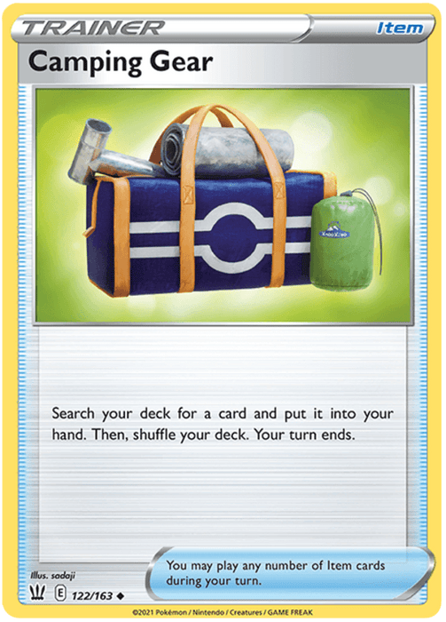 The Pokémon card "Camping Gear (122/163) [Sword & Shield: Battle Styles]," illustrated by sadaji, displays a camping duffel bag with two cylindrical compartments on its sides. The card's function allows players to search the deck and end their turn.