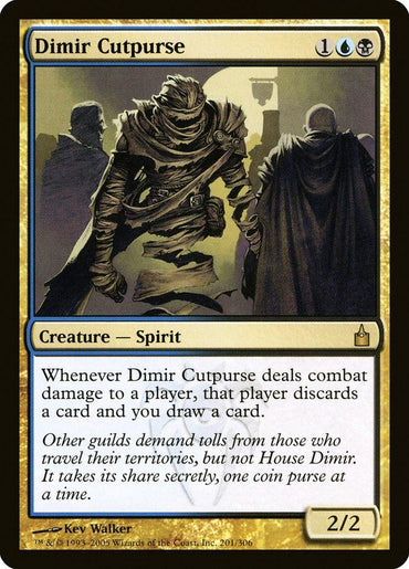 The Magic: The Gathering card called "Dimir Cutpurse" from the Ravnica: City of Guilds set features a spectral figure with a knife, cloaked and facing away from two shadowy figures. This 2/2 Creature - Spirit has a casting cost of 1 blue mana, 1 black mana, and 1 colorless mana.