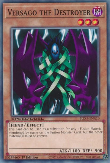 The image displays a Yu-Gi-Oh! card named "Versago the Destroyer [SGX3-ENA10] Common." This Effect Monster, labelled for Speed Duel GX, has attributes of "Fiend / Effect" and boasts an ATK of 1100 and DEF of 900. The card's artwork features a dark, ghostly figure with green ribbons and a sinister appearance.