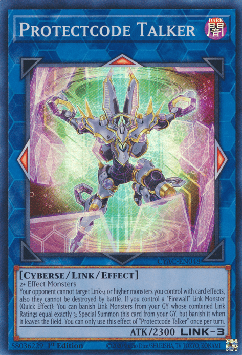The image shows a "Protectcode Talker [CYAC-EN048] Super Rare" Yu-Gi-Oh! trading card, a stunning Link/Effect Monster. It depicts a mechanical, armored figure with wings and vibrant energy accents. The card's blue border includes text detailing its effects, such as targeting restrictions and special summoning conditions.