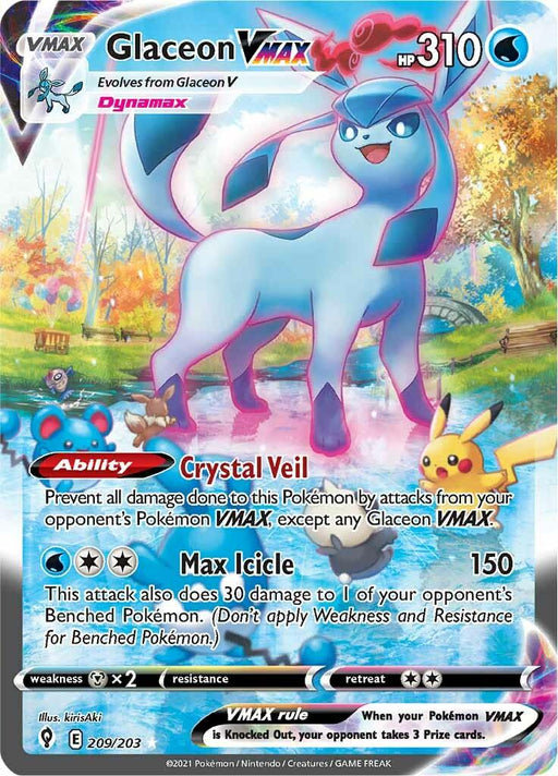 A Pokémon Glaceon VMAX (209/203) [Sword & Shield: Evolving Skies] card from the Sword & Shield Evolving Skies set, featuring the Dynamax form of Glaceon. It has 310 HP and two moves: Crystal Veil, preventing damage from opponent's VMAX attacks, and Max Icicle, dealing 150 damage and 30 to one benched Pokémon. The card boasts vibrant colors and includes a Pik