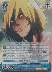 A Super Rare trading card titled "Plan of Capture" Female Titan (AOT/S35-E089S SR) [Attack on Titan] featuring the Female Titan from the anime series "Attack on Titan" by Bushiroad. The card includes stats, abilities, and text. The Female Titan, with distinct blond hair, is depicted in a mid-action pose. The background displays various design elements.