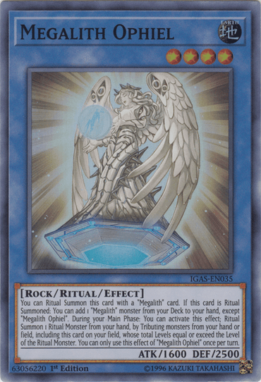 The Yu-Gi-Oh! card "Megalith Ophiel [IGAS-EN035] Super Rare" showcases an angelic, armored creature holding a staff against a celestial backdrop. Classified as a Rock/Ritual/Effect monster, it boasts 1600 ATK and 2500 DEF. The card text outlines its Ritual Summon condition and abilities.