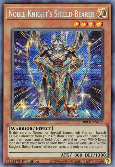 Image of a "Noble Knight's Shield-Bearer [BROL-EN017] Secret Rare" Yu-Gi-Oh! trading card. It features a warrior in silver armor wielding a large shield, set against a holographic background. Text below outlines the card's properties and effects: it's a Level 4 Warrior/Effect Monster with 800 ATK and 1300 DEF