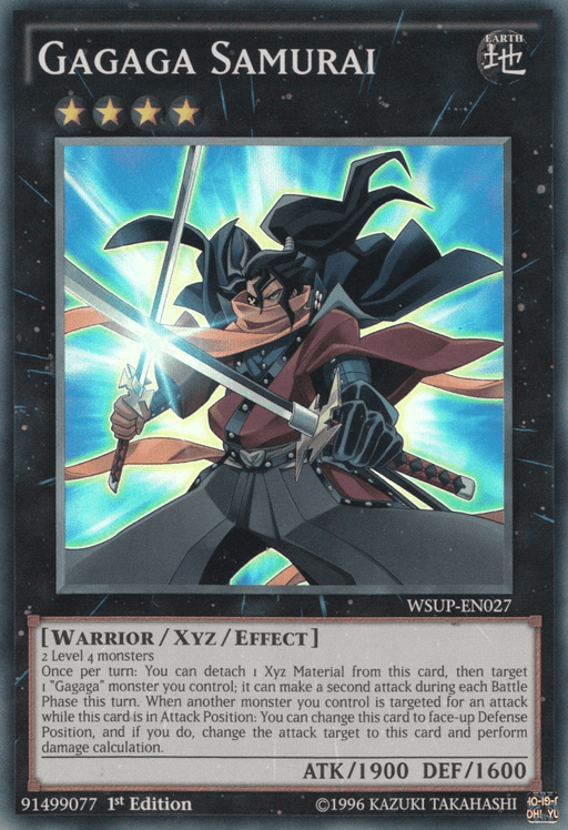 Image of a Yu-Gi-Oh! trading card titled "Gagaga Samurai [WSUP-EN027] Super Rare," a Super Rare Xyz/Effect Monster. The card features an armored Gagaga monster wielding dual swords, wearing a black and red outfit with a flowing cape. The samurai is set against a dark background with swirling blue energy. ATK 1900, DEF 1600.
