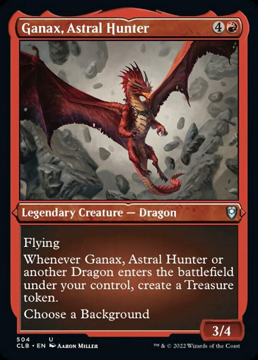 A trading card from Magic: The Gathering featuring "Ganax, Astral Hunter (Foil Etched) [Commander Legends: Battle for Baldur's Gate]." The illustration depicts a dragon with reddish-brown scales and large wings, flying among rocky terrain. Text indicates it is a "Legendary Creature - Dragon" with flying ability and power/toughness of 3/4. Abilities include creating a Treasure token when it or another Dragon enters the battlefield.