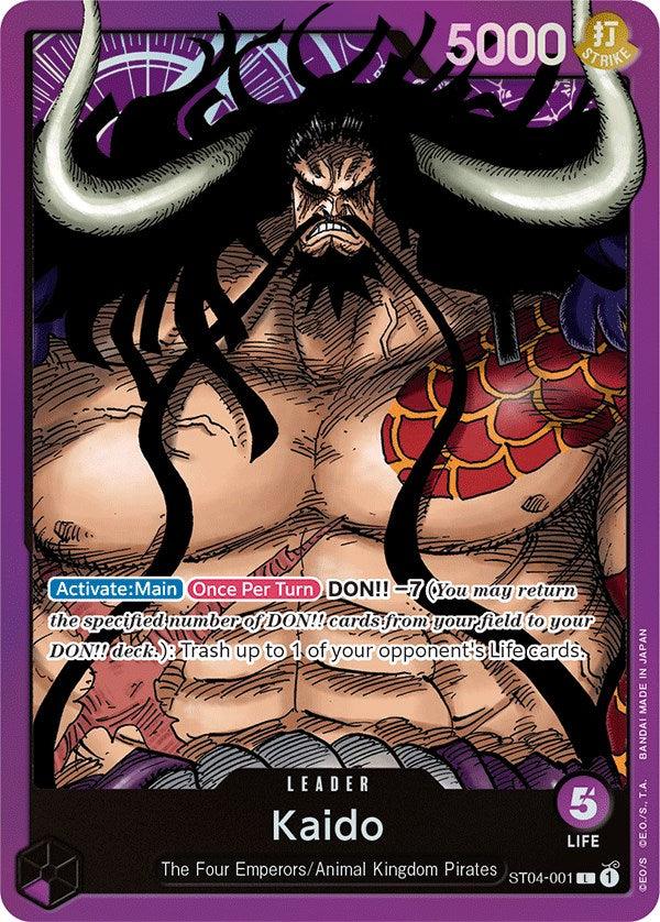 A trading card from the Kaido (001) [Starter Deck: Animal Kingdom Pirates] featuring Kaido of the Four Emperors and Animal Kingdom Pirates. Kaido, with long black hair, large horns, and a muscular build, boasts a power rating of 5000 and five life points. The card reads 